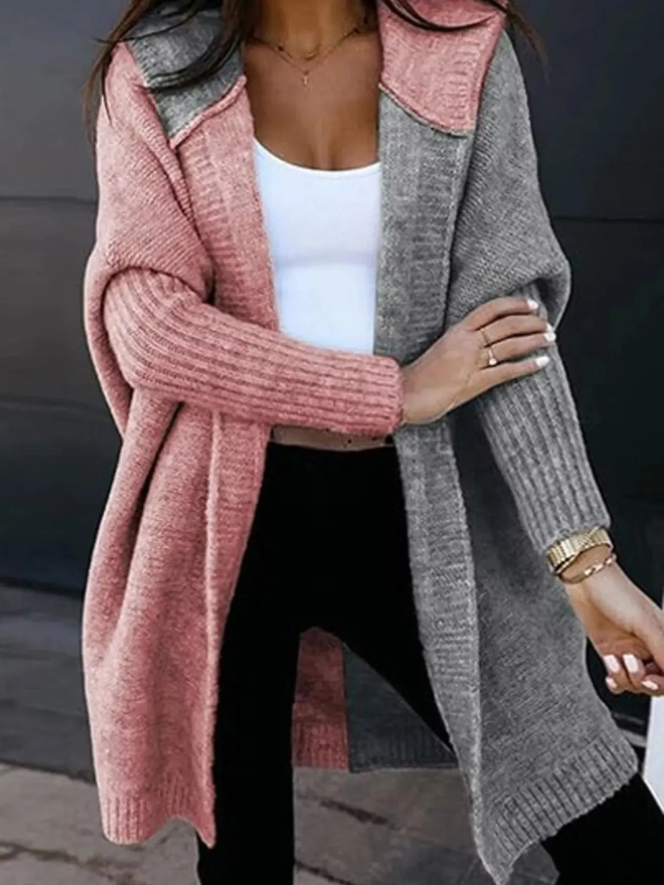Two-Tone Open Front Knit Hooded Cardigan sold by Charming Charlie product image thumbnail 4