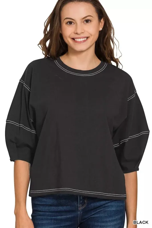 Zenana Balloon Sleeve Top with Contrast Stitching sold by Charming Charlie