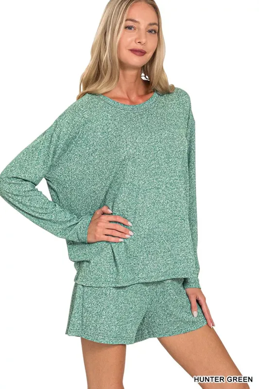 Zenana Soft Melange Long Sleeve Tee and Shorts Set sold by Charming Charlie