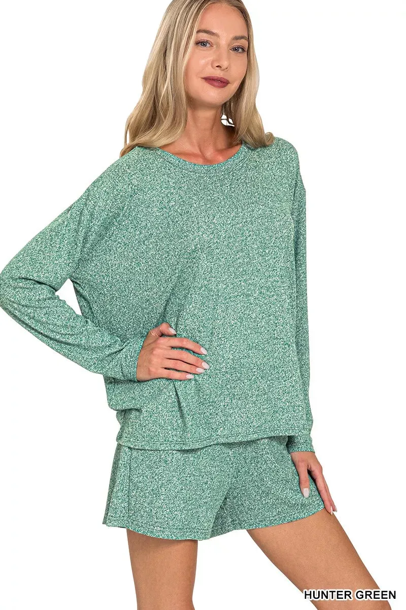 Zenana Soft Melange Long Sleeve Tee and Shorts Set sold by Charming Charlie
