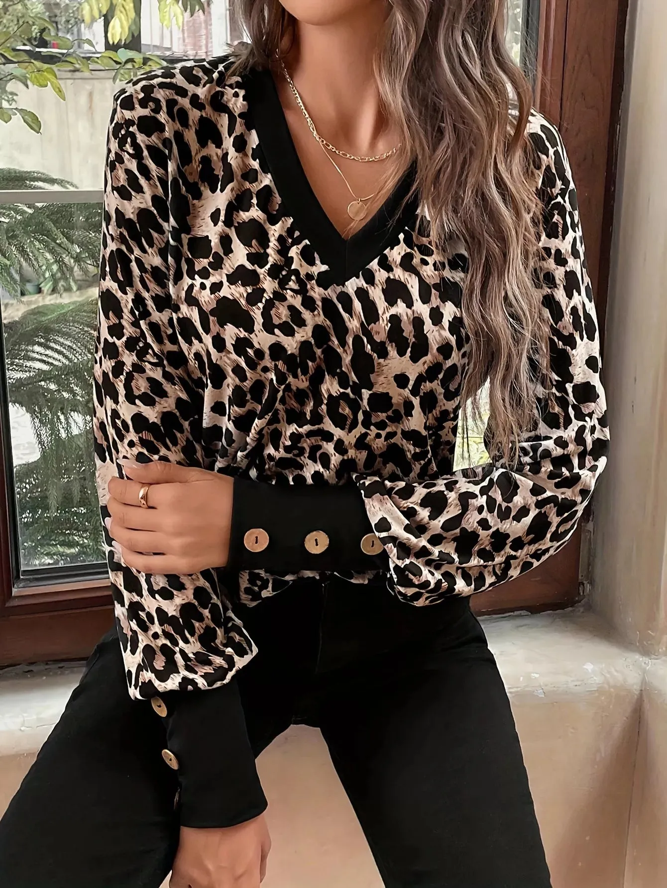 Leopard Print V-Neck Long Sleeve T-Shirt sold by Charming Charlie product image thumbnail 3