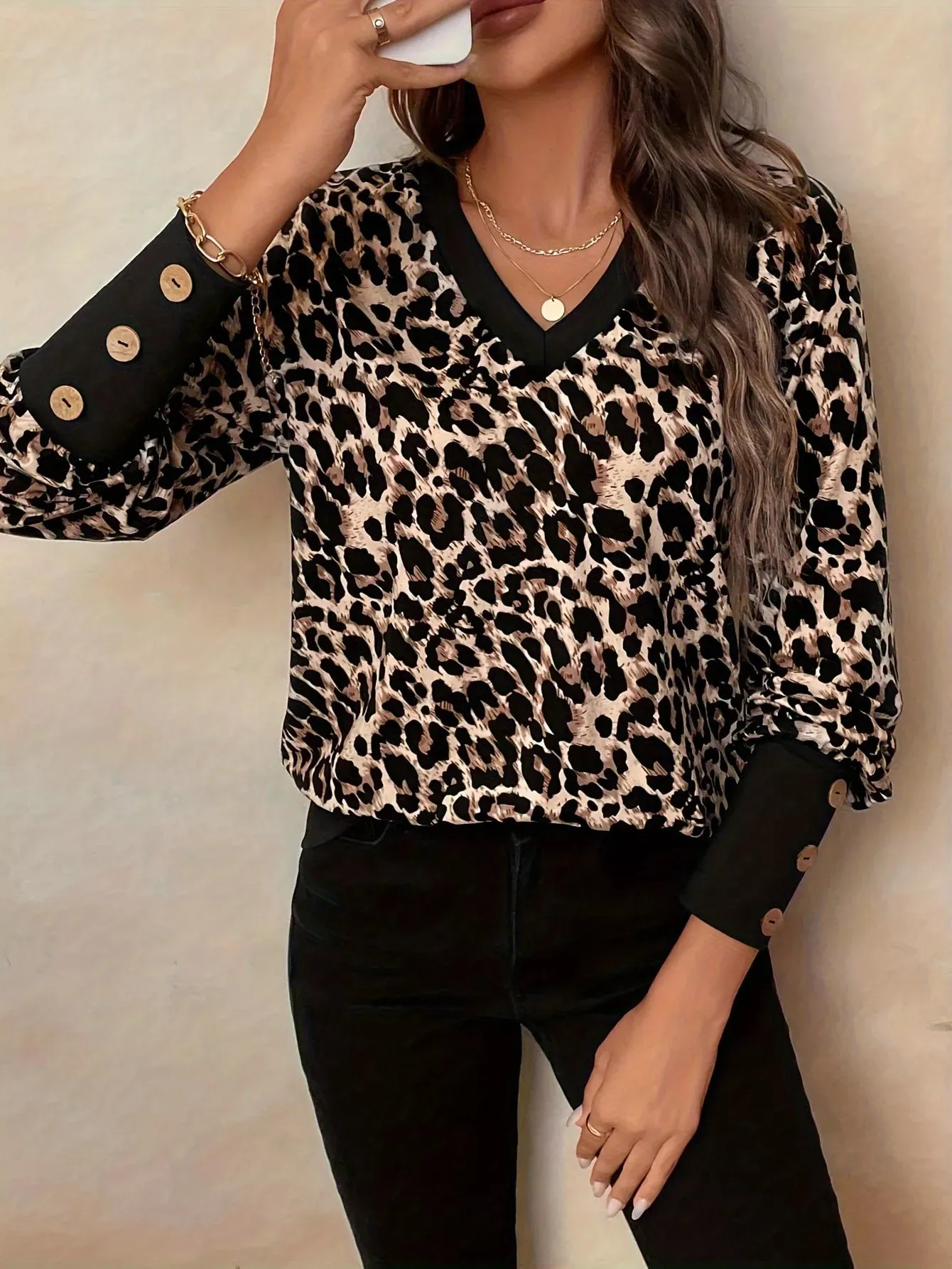 Leopard Print V-Neck Long Sleeve T-Shirt sold by Charming Charlie product image thumbnail 4