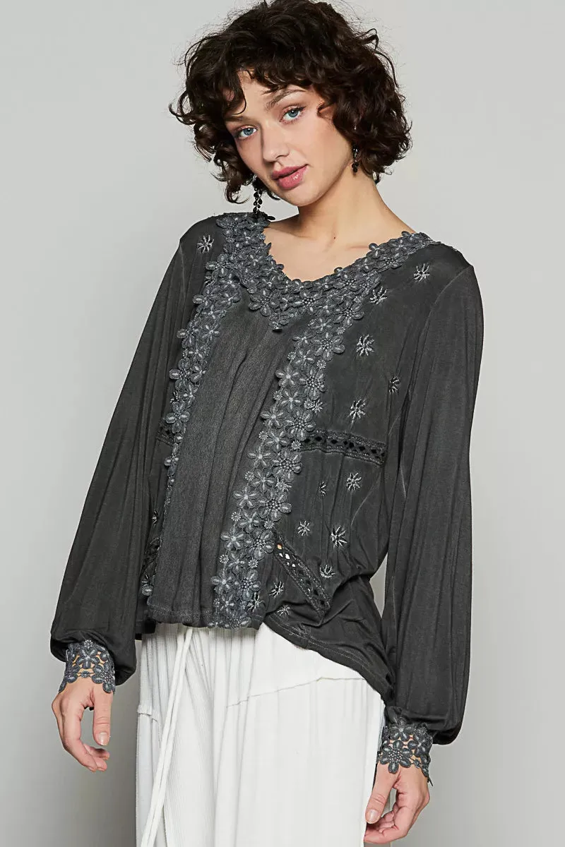 POL Floral Embroidery Woven Top with Lace Trim sold by Charming Charlie