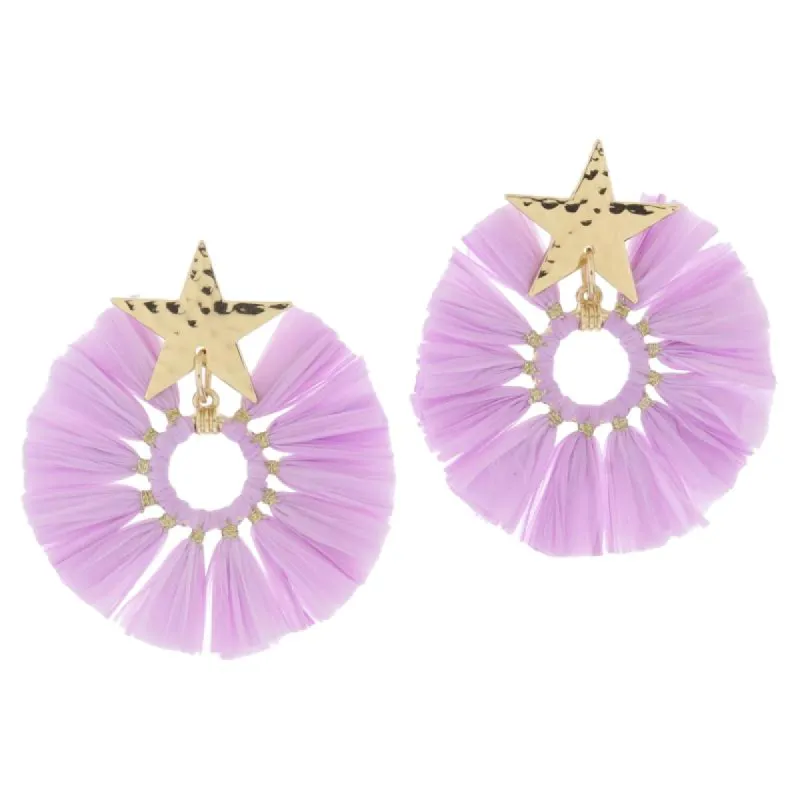 Gold Hammered Star Post with Fanned Out Lavender Raffia Open Circle Earrings, 2.5" Top to Bottom sold by Charming Charlie