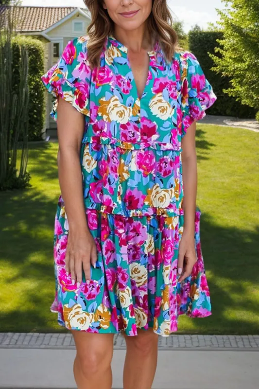 Ruffled Printed Notched Short Sleeve Mini Dress sold by Charming Charlie