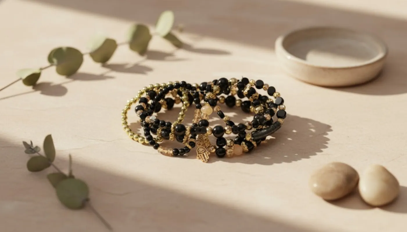 Bohemian Black and Gold Beaded Wrap Bracelet sold by Charming Charlie