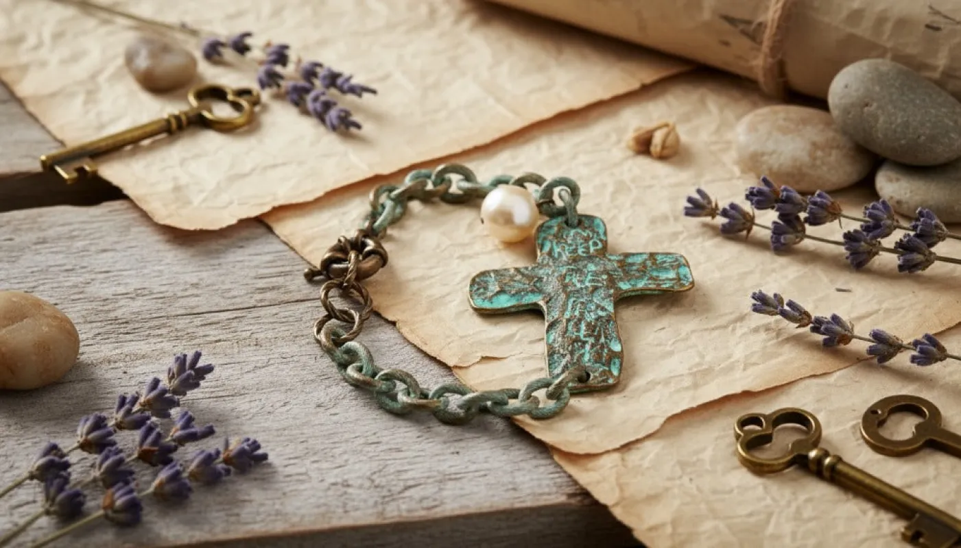 Cross Bracelet with Pearl, Keys, and Lavender Accents sold by Charming Charlie
