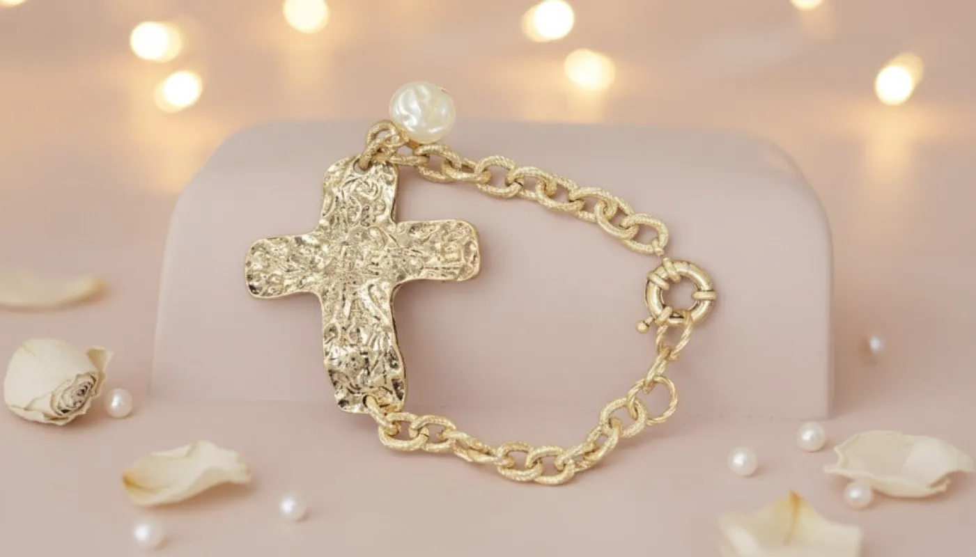 Gold Chain Bracelet with Cross and Pearl Charm sold by Charming Charlie