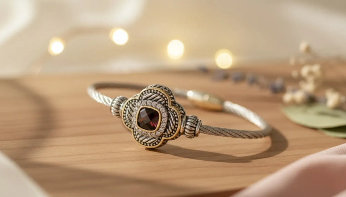 Vintage-Style Silver Bracelet with a Red Gemstone Centerpiece sold by Charming Charlie
