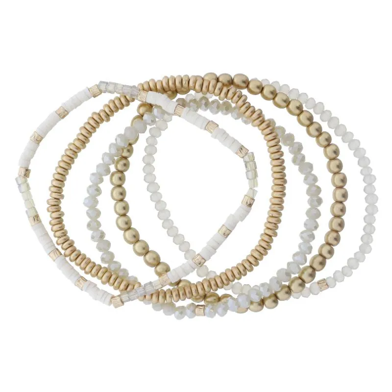 Set of 5 Coordinating Ivory, Beige, Gold Beaded Bracelets, 8" Around sold by Charming Charlie
