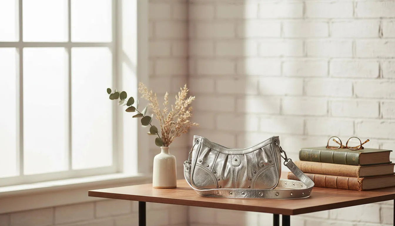 Metallic Silver Shoulder Bag with Studded Accents sold by Charming Charlie