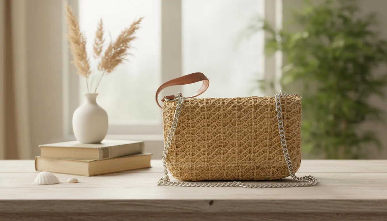 Woven Straw Crossbody Bag with Chain Strap and Leather Handle sold by Charming Charlie