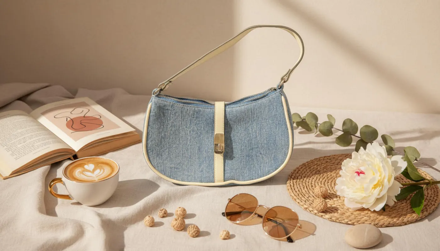 Denim Shoulder Bag with Cream Leather Trim and Buckle Accent sold by Charming Charlie