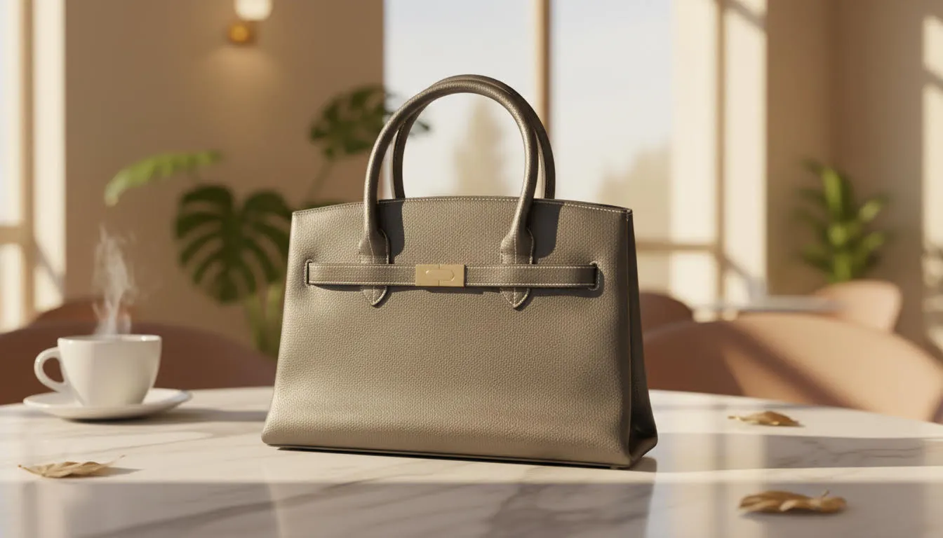 Chic Taupe Leather Handbag with Gold-Tone Clasp sold by Charming Charlie