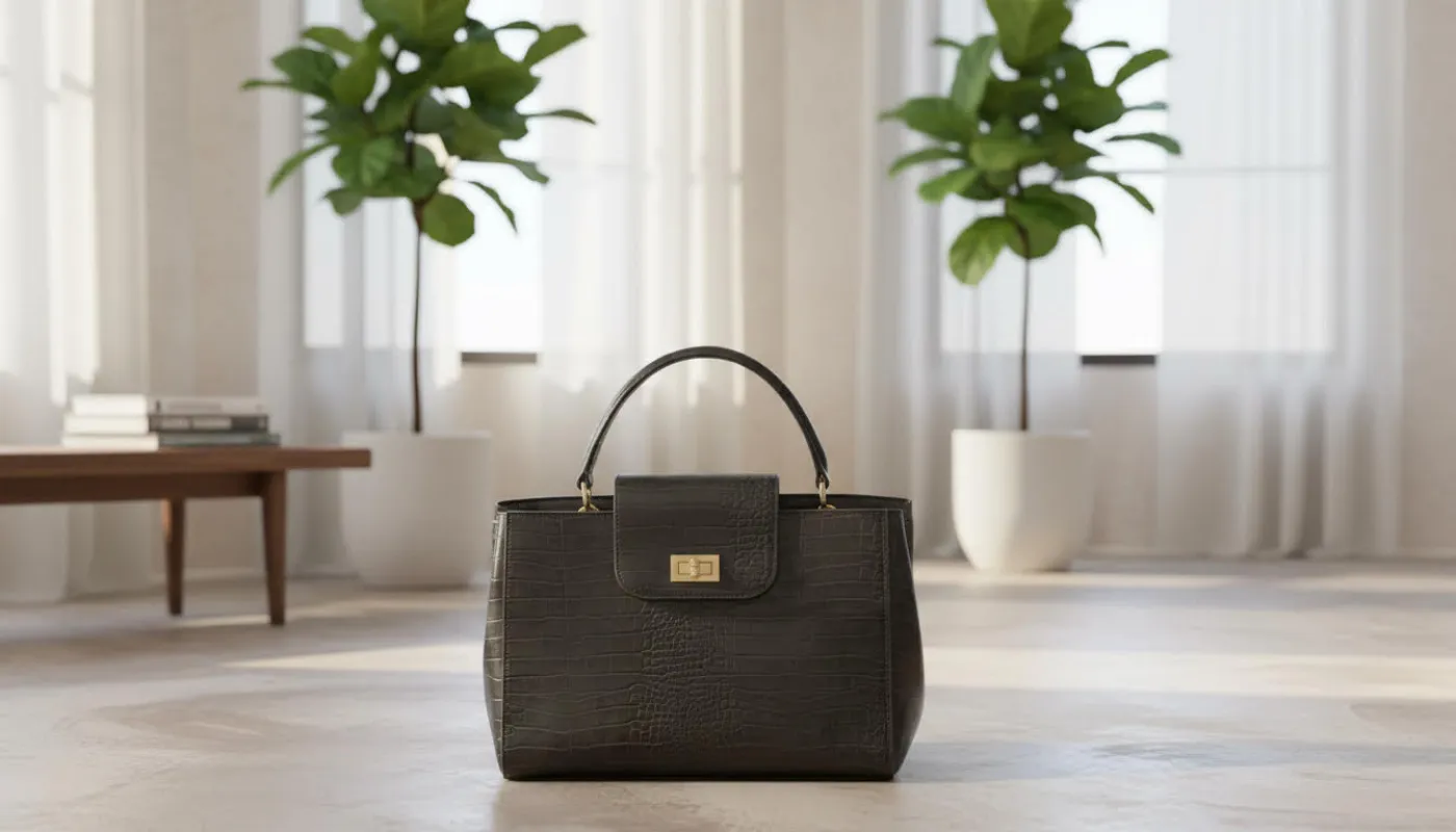 Black Croc-Embossed Handbag with Top Handle sold by Charming Charlie