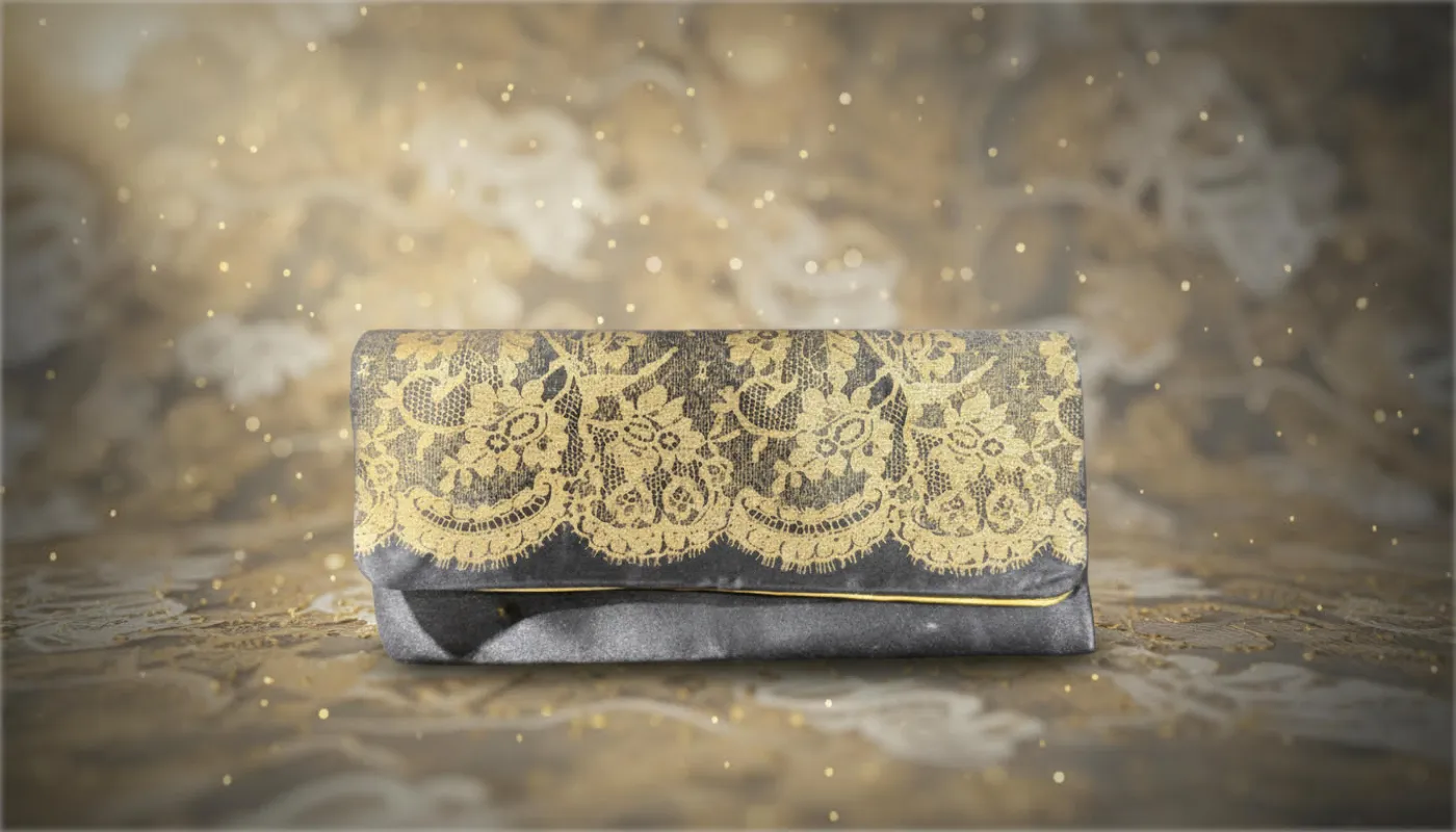 Black Clutch Adorned with Intricate Gold Lace sold by Charming Charlie