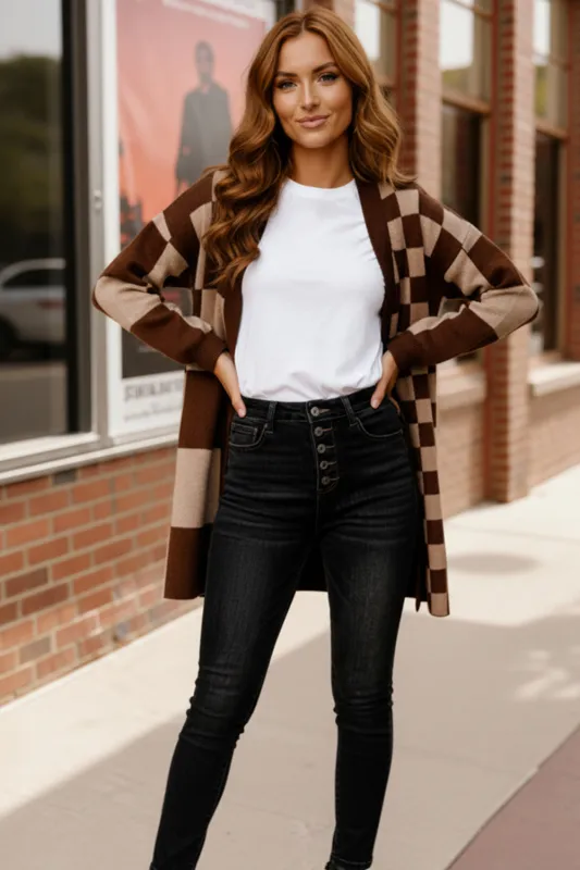 The Café Mocha Check Cardigan sold by Charming Charlie