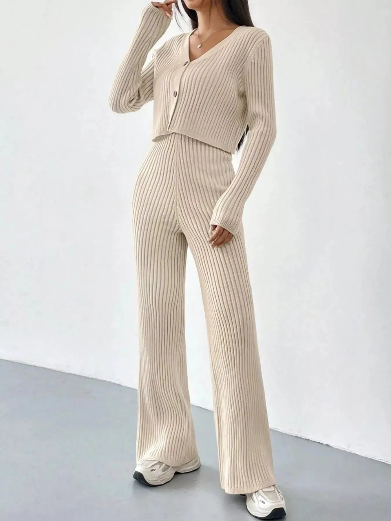 Ribbed Knit Button Up Top and Pants Set sold by Charming Charlie product image thumbnail 5