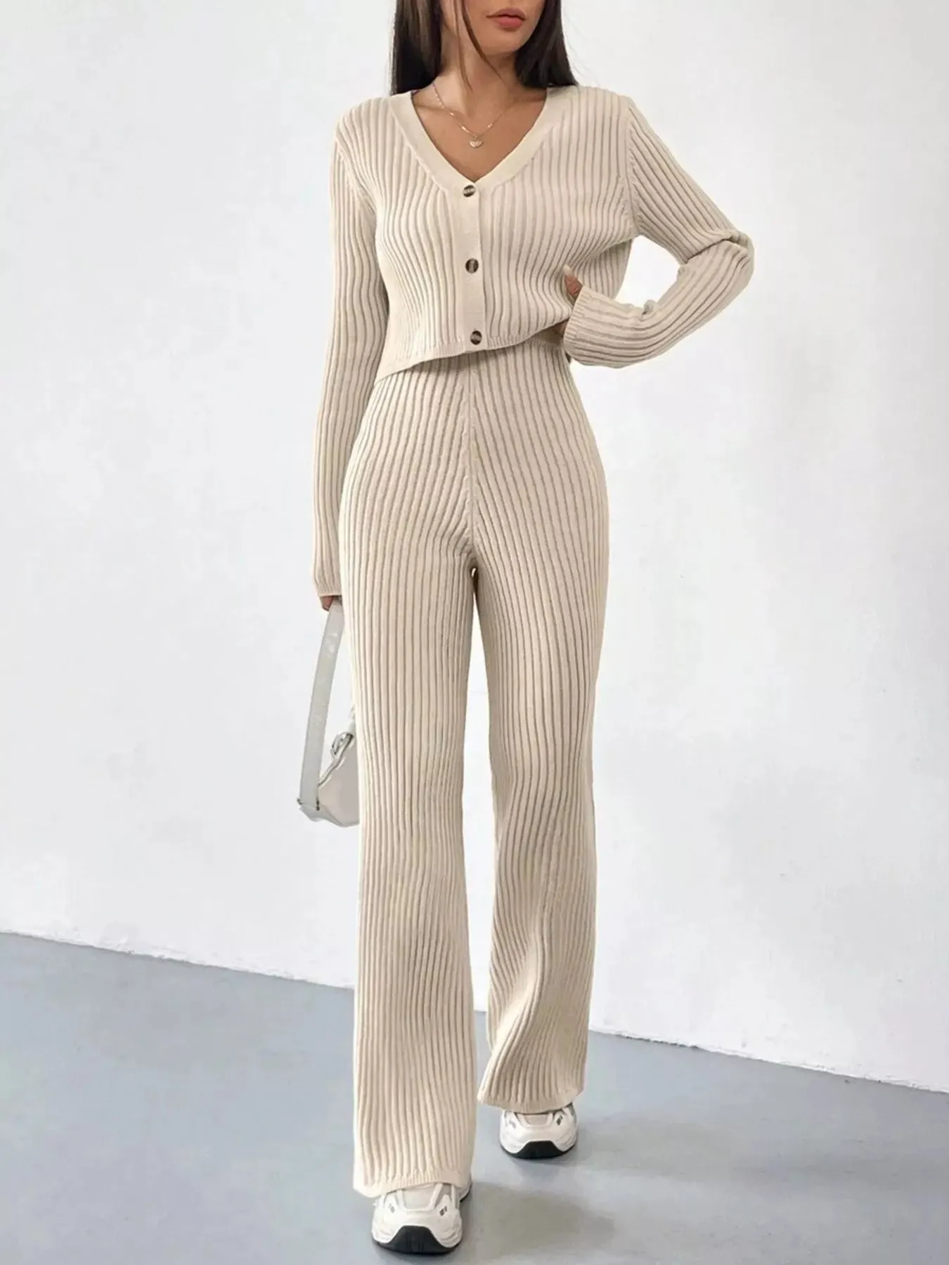 Ribbed Knit Button Up Top and Pants Set sold by Charming Charlie product image thumbnail 2