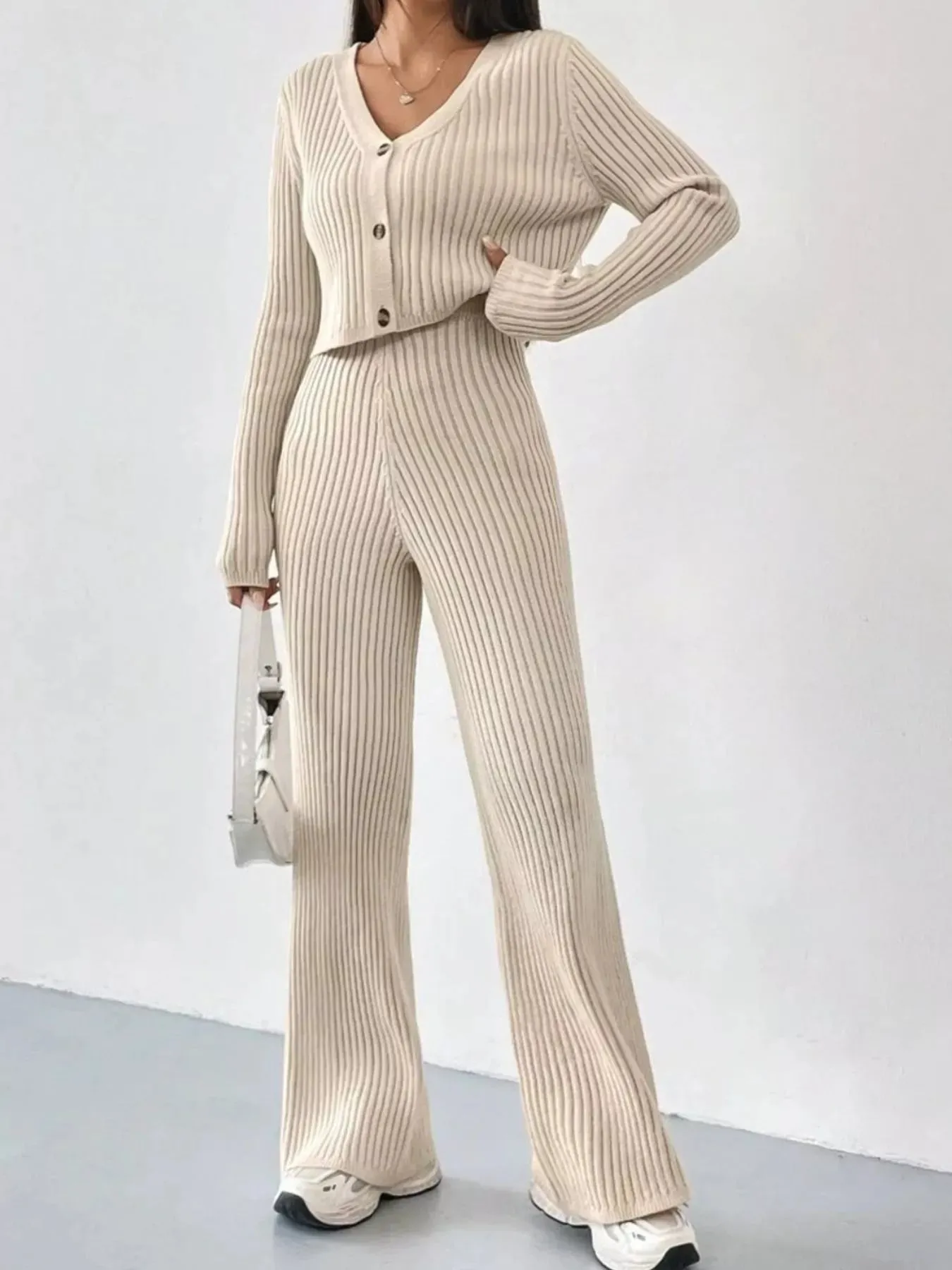 Ribbed Knit Button Up Top and Pants Set sold by Charming Charlie product image thumbnail 3