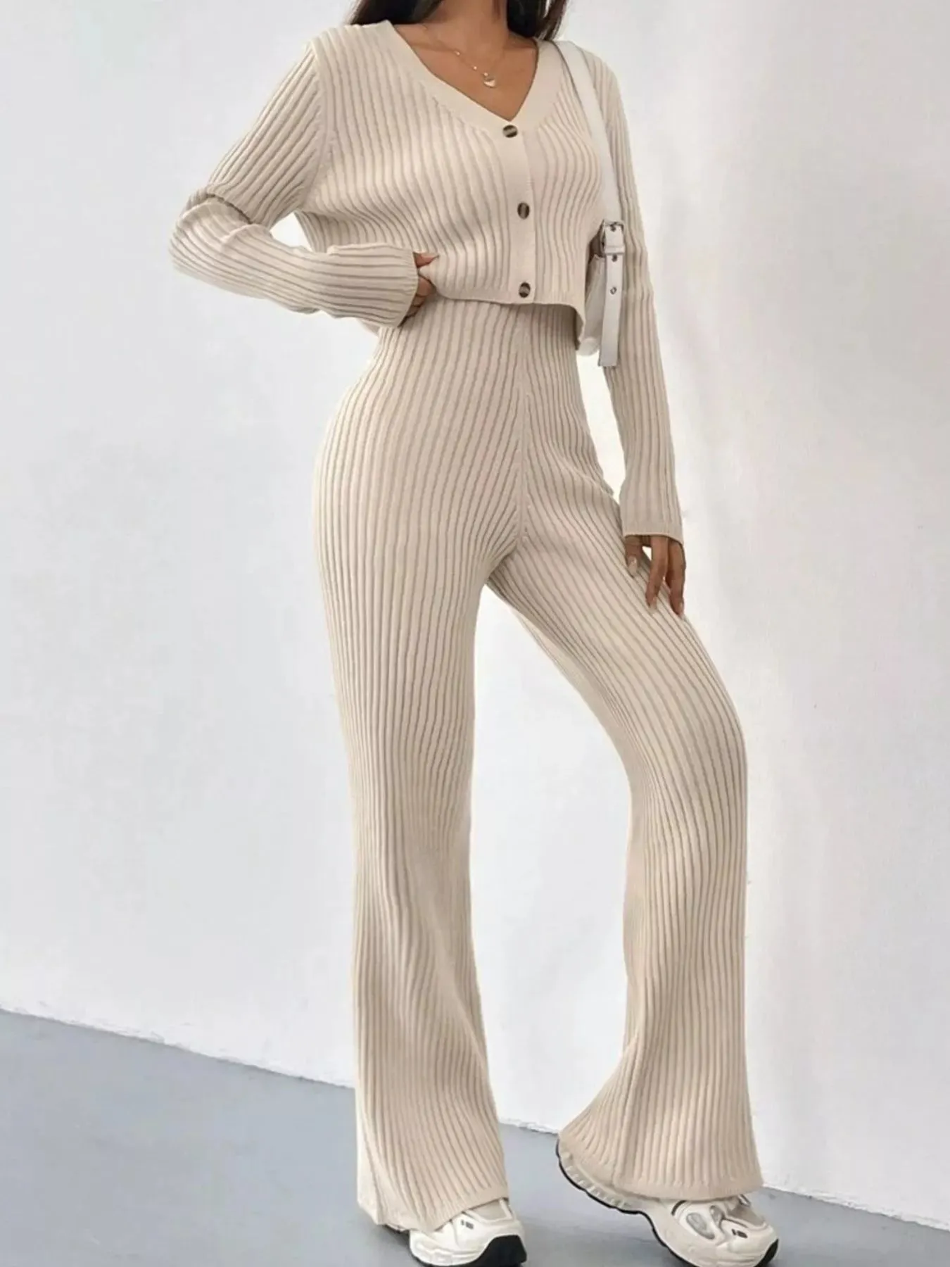 Ribbed Knit Button Up Top and Pants Set sold by Charming Charlie product image thumbnail 4