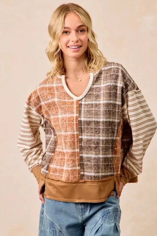 BiBi Plaid And Stripe Mix And Match Top With Open Seam sold by Charming Charlie