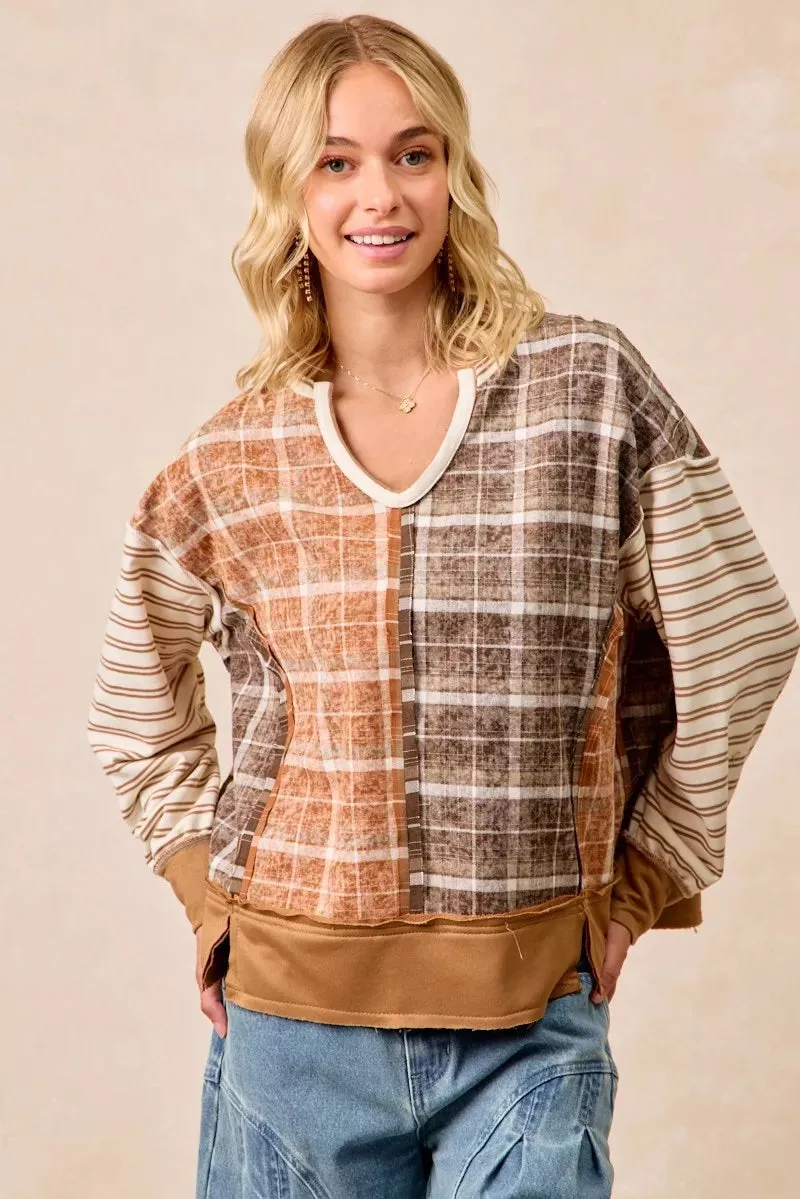 BiBi Plaid And Stripe Mix And Match Top With Open Seam sold by Charming Charlie