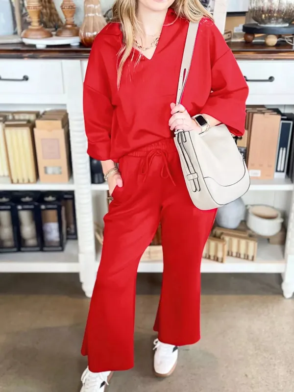 Polo Collar V Neck 3/4 Sleeve Pullover Drawstring Bell Bottom Pants 2pcs Set sold by Charming Charlie