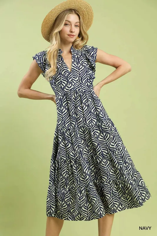 Umgee Leaf Print Tiered Midi Dress with Ruffle Detail sold by Charming Charlie