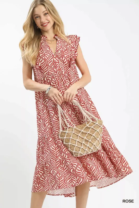Umgee Leaf Print Tiered Midi Dress with Ruffle Detail sold by Charming Charlie