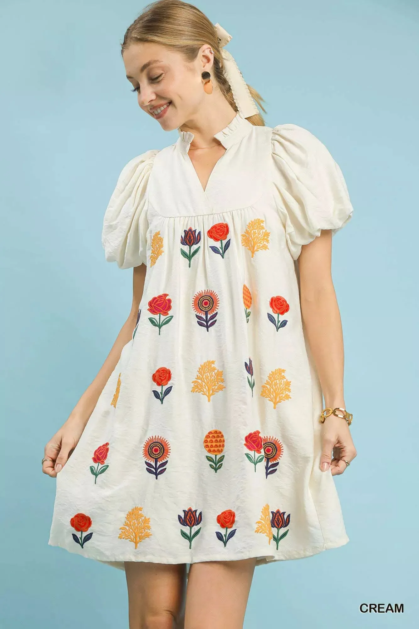 Umgee Floral Embroidered Puff Sleeve Mini Dress sold by Charming Charlie