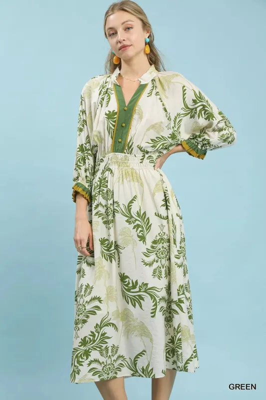 Umgee Tropical Print Button Detail Midi Dress sold by Charming Charlie