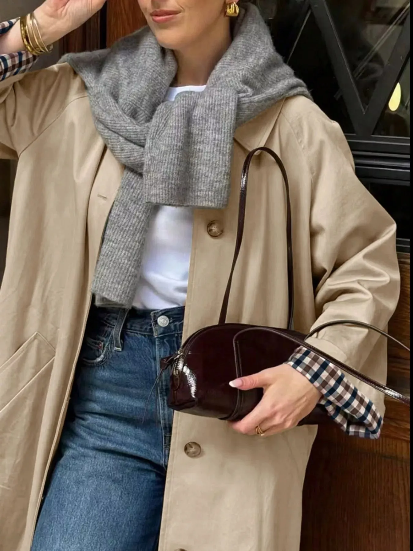 Checkered Lining Button Up Trench Coat sold by Charming Charlie product image thumbnail 4