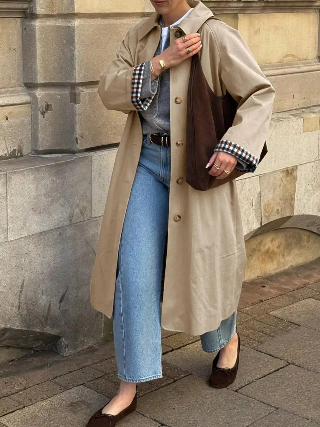 Checkered Lining Button Up Trench Coat sold by Charming Charlie