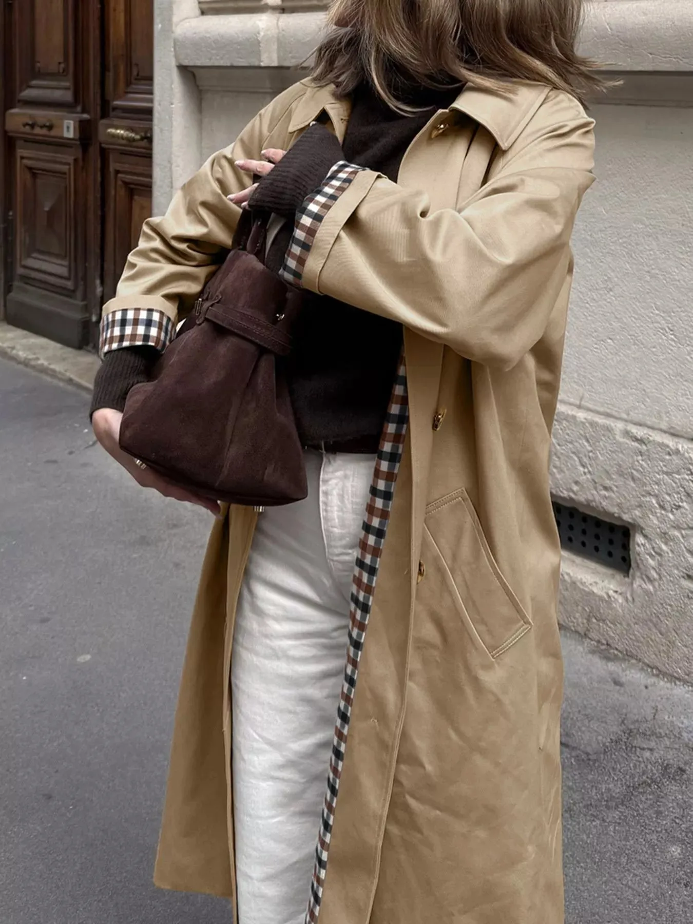 Checkered Lining Button Up Trench Coat sold by Charming Charlie product image thumbnail 2