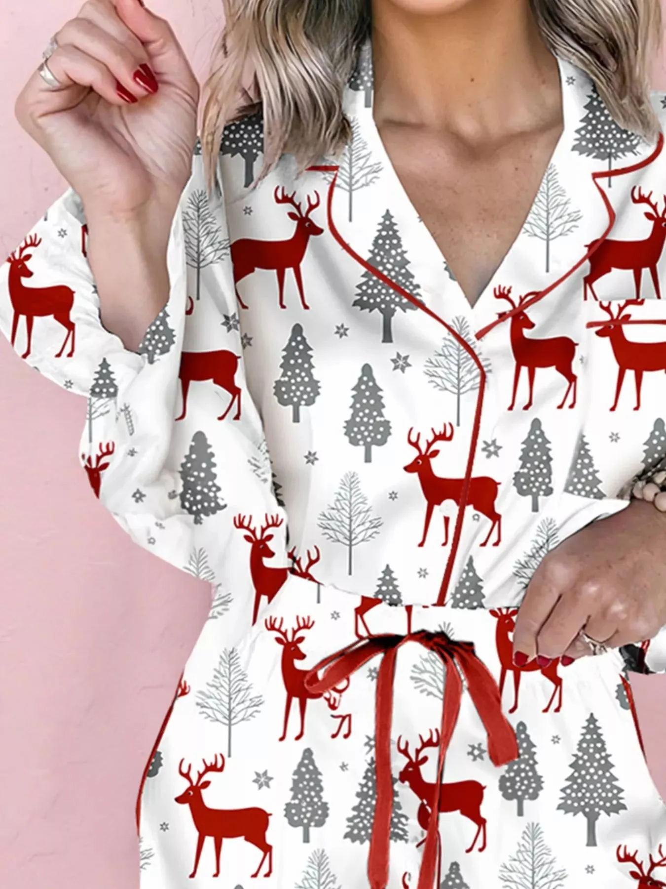 Christmas Fashion Print Velvet Trim Top and Shorts Pajama 2pcs Set sold by Charming Charlie product image thumbnail 3