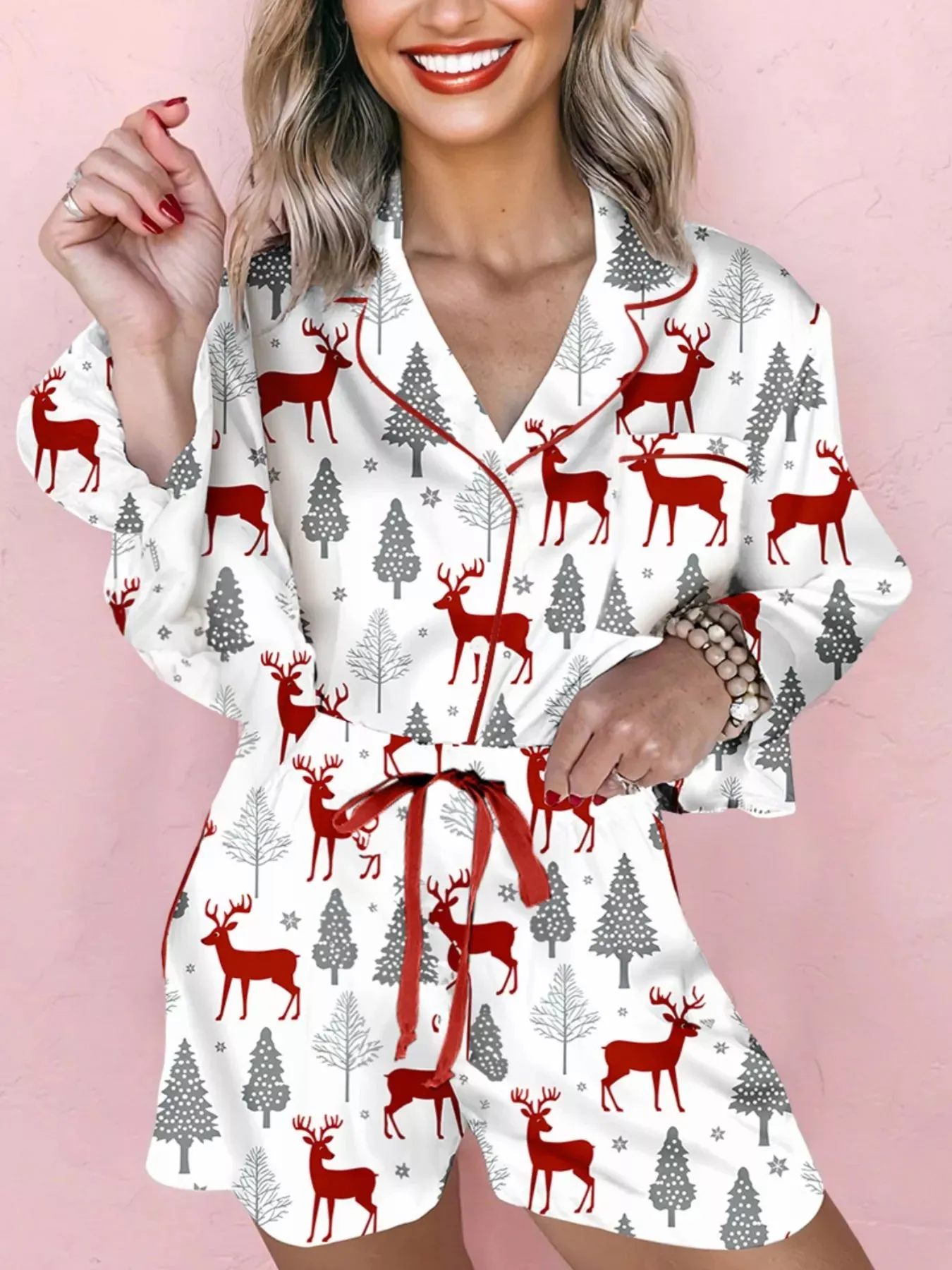 Christmas Fashion Print Velvet Trim Top and Shorts Pajama 2pcs Set sold by Charming Charlie