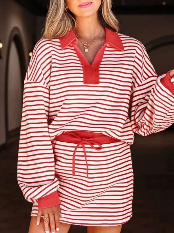 Stripe Collared V Neck Drop Shoulder Pullover and Skort 2pcs Outfit sold by Charming Charlie