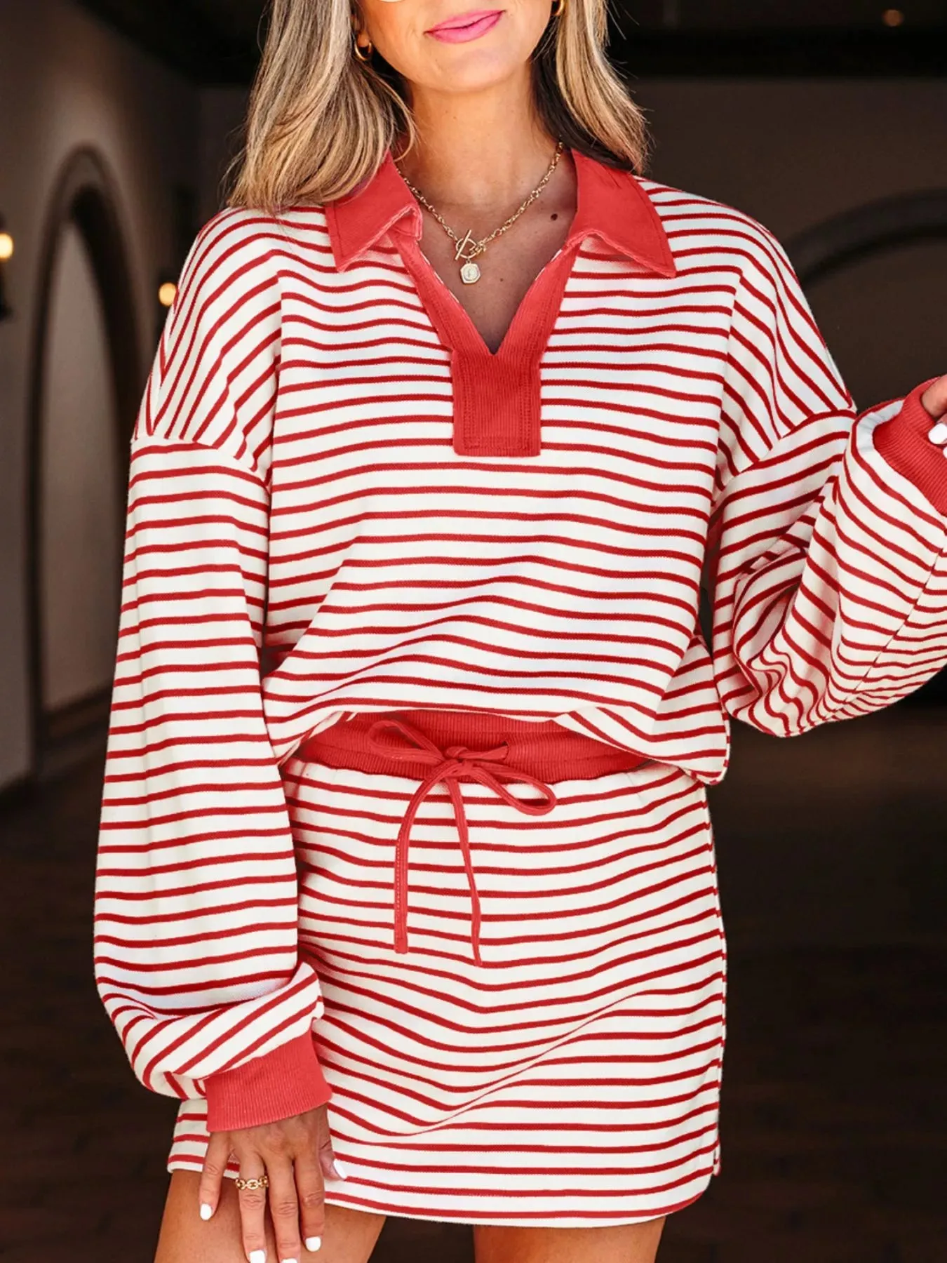 Stripe Collared V Neck Drop Shoulder Pullover and Skort 2pcs Outfit sold by Charming Charlie