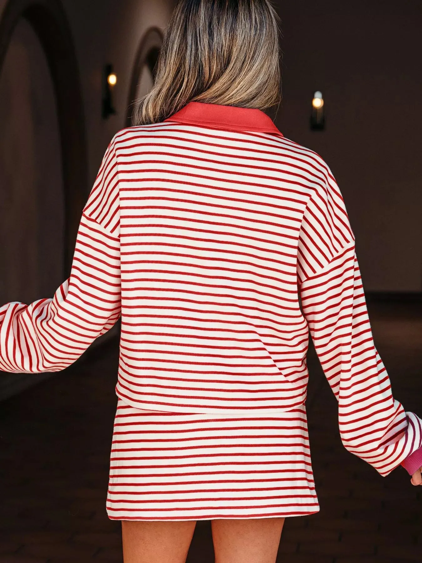 Stripe Collared V Neck Drop Shoulder Pullover and Skort 2pcs Outfit sold by Charming Charlie product image thumbnail 2