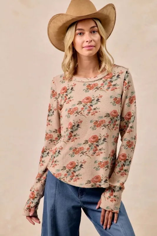 BiBi Floral Print Washed Waffle Thermal Top with Thumb sold by Charming Charlie