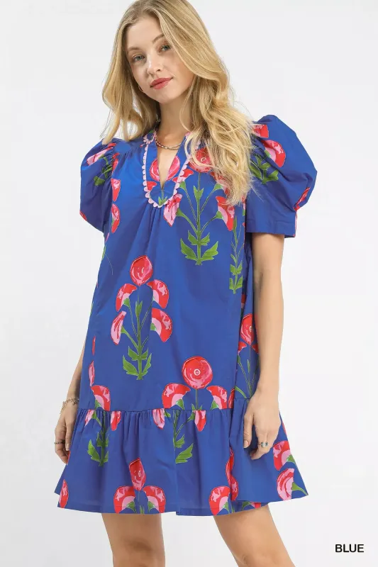 Umgee Floral Print Puff Sleeve Mini Dress with Scallop Trim sold by Charming Charlie