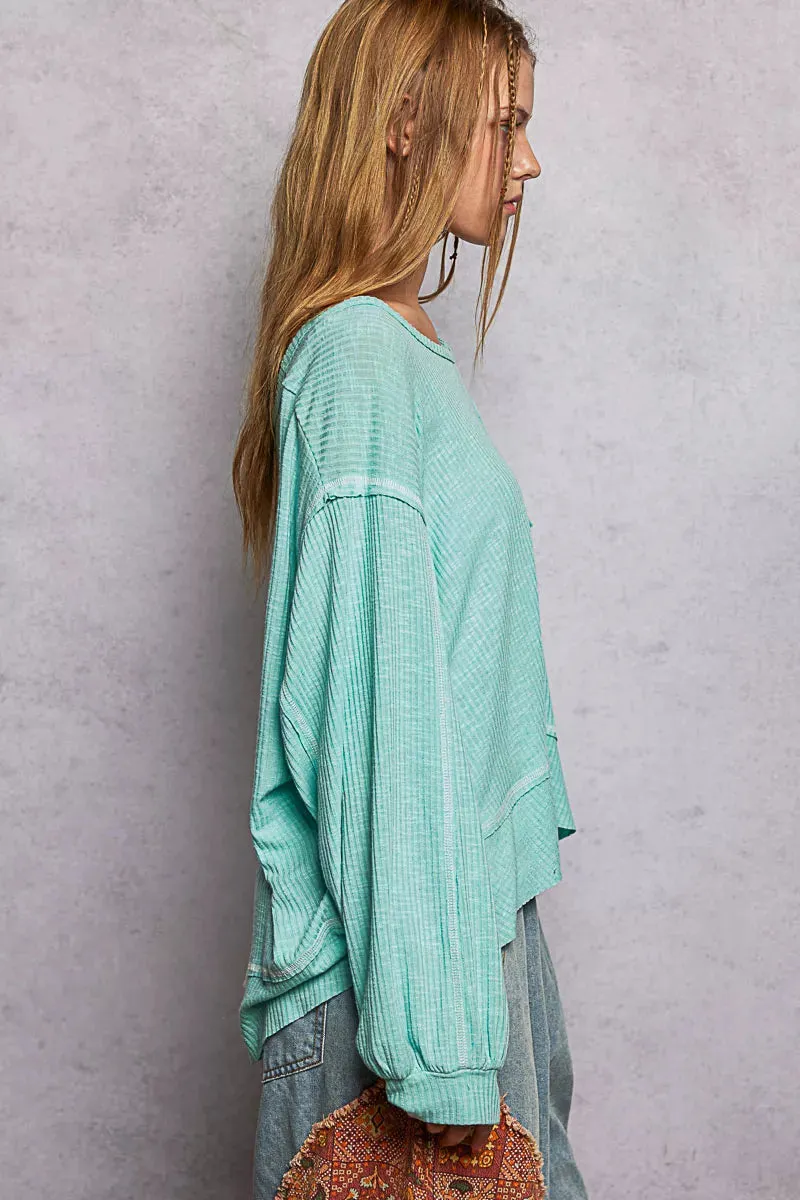 POL Round Neck Long Sleeve Exposed Seam Top with Chest Pocket sold by Charming Charlie product image thumbnail 4