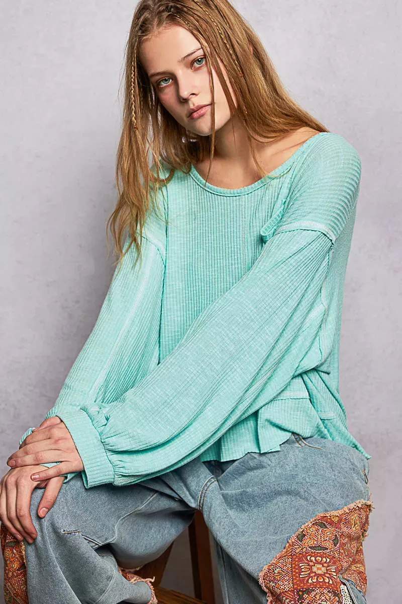POL Round Neck Long Sleeve Exposed Seam Top with Chest Pocket sold by Charming Charlie product image thumbnail 2
