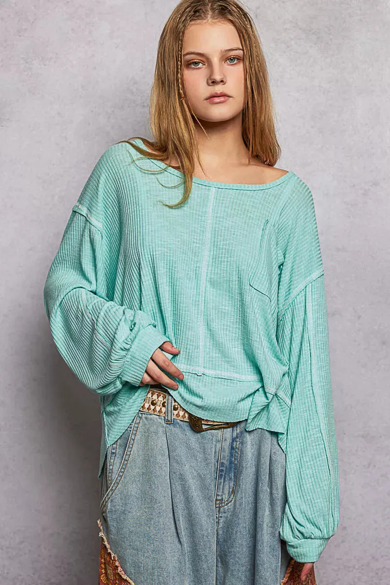 POL Round Neck Long Sleeve Exposed Seam Top with Chest Pocket sold by Charming Charlie product image thumbnail 3