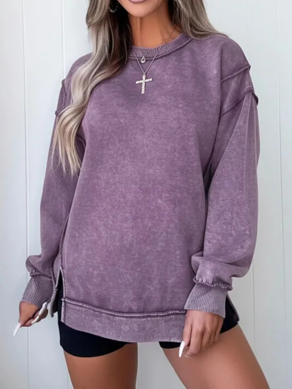 Wash Slit Round Neck Oversized Sweatshirt sold by Charming Charlie