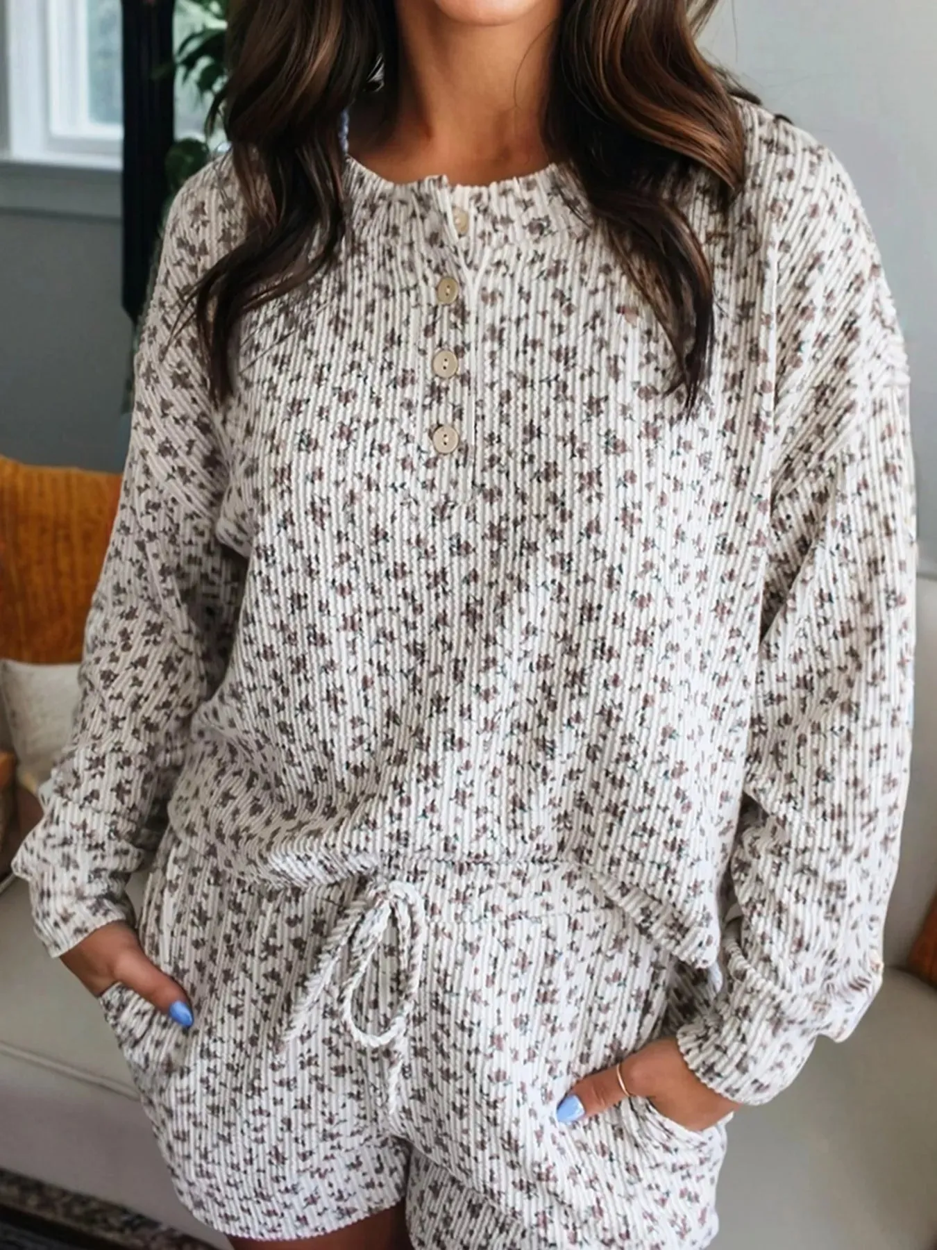 Spiral Ribbed Floral Print Long Sleeve Henley Top Drawstring Short Set sold by Charming Charlie