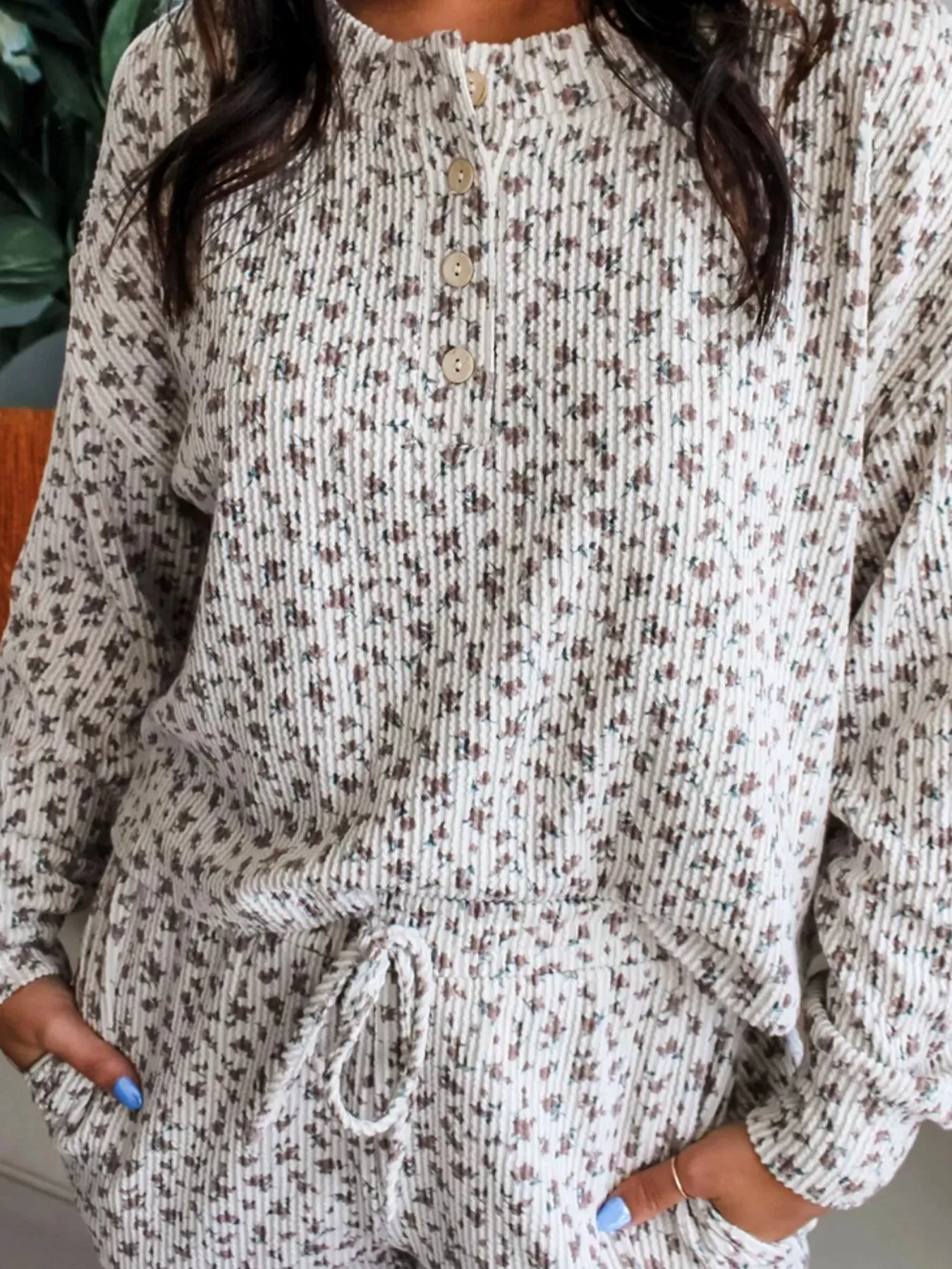 Spiral Ribbed Floral Print Long Sleeve Henley Top Drawstring Short Set sold by Charming Charlie product image thumbnail 3