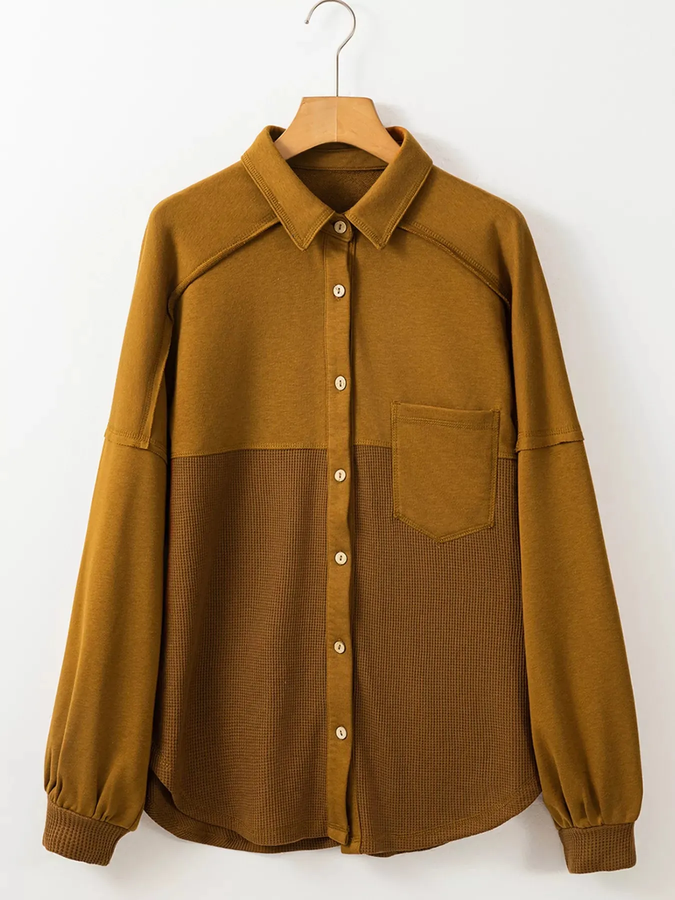 Waffle Knit Patchwork Exposed Seam Loose Shacket sold by Charming Charlie product image thumbnail 4