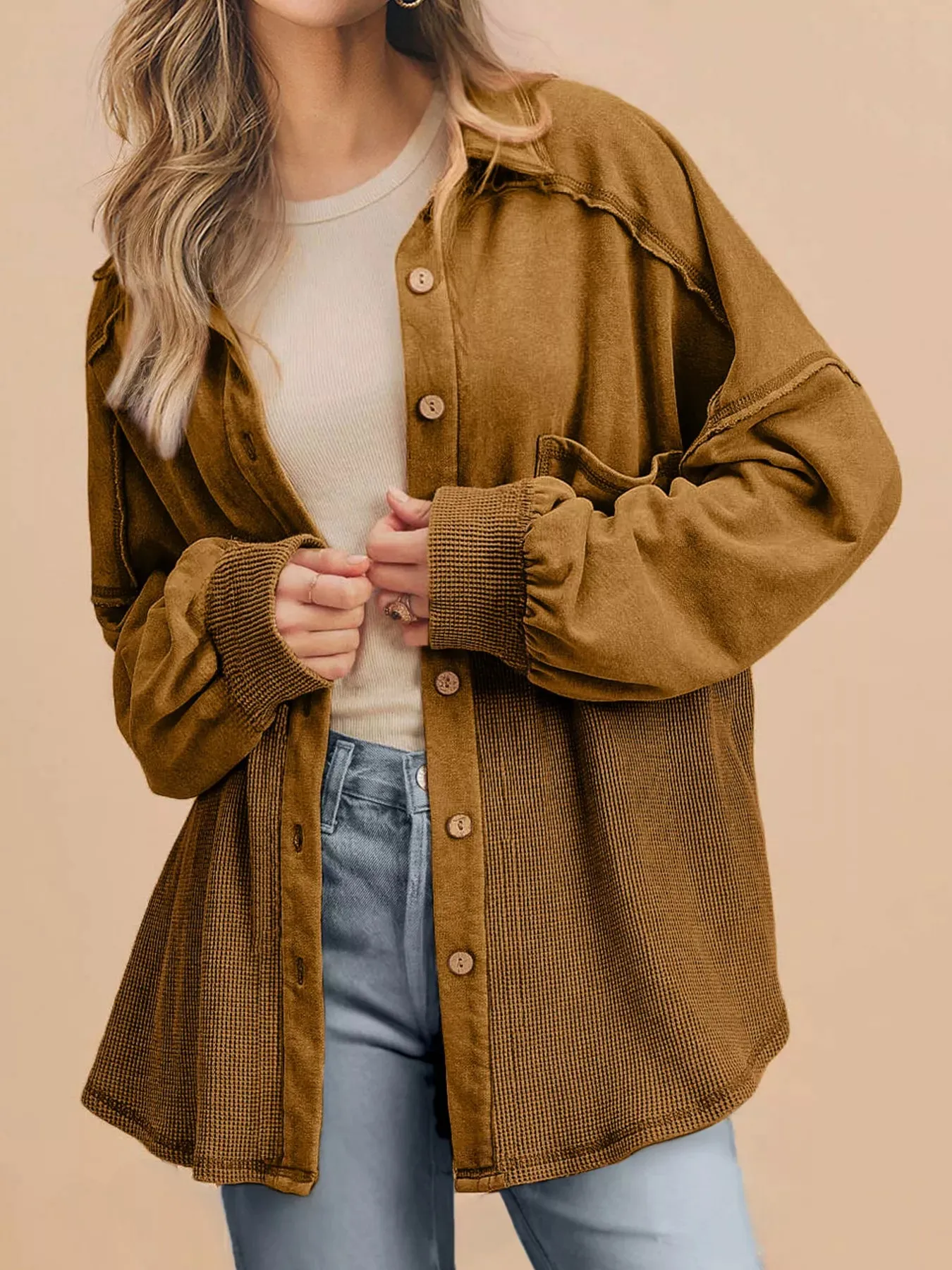 Waffle Knit Patchwork Exposed Seam Loose Shacket sold by Charming Charlie